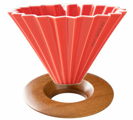 Dripper ORIGAMI rouge en porcelaine de Mino avec support en bois